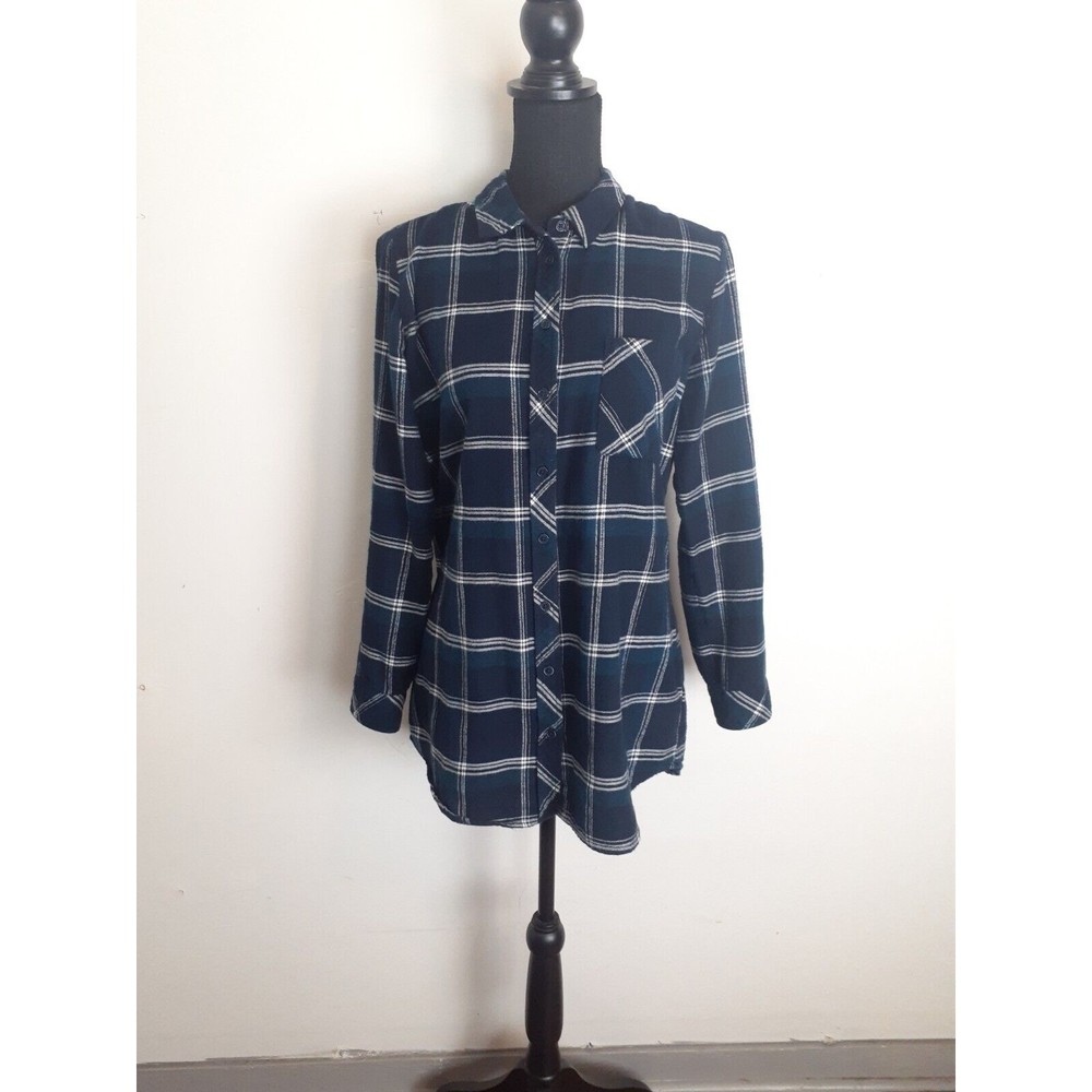 Kut From The Kloth Plaid Flannel Button Up Tunic Top Women M Blue Shirt Cotton